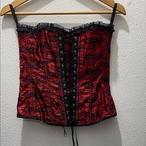 Fashion Red and Black Lace Corset Top Strapless Large